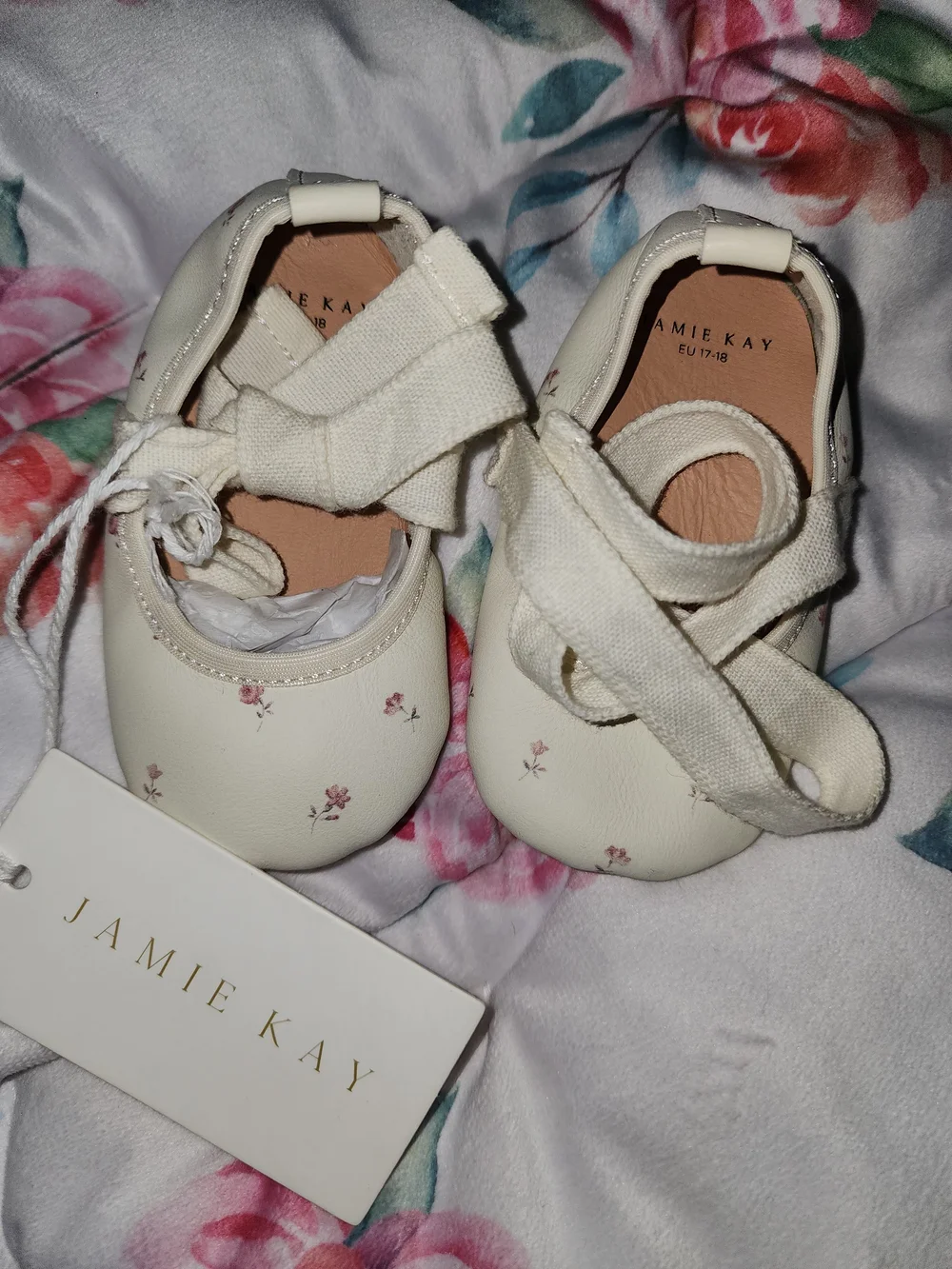 Jamie Kay Cream Baby Mary Jane Shoes with Pink Floral